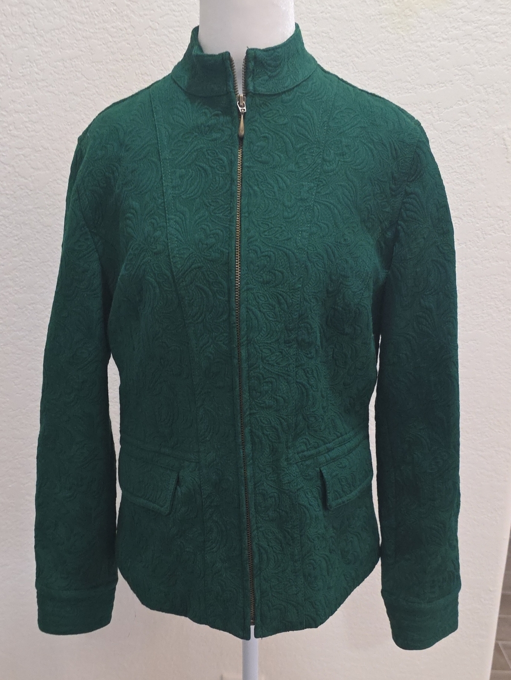 Chico's Emerald Green Embossed Zip-Front Bomber Jacket